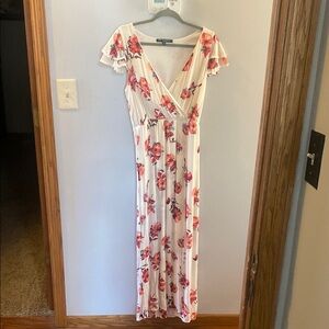 One Clothing Pink and White Ruched Tiered Maxi Dress